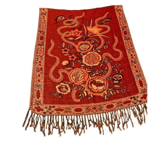 Vintage Asian Theme Large Reversible Fringed Orange Gold Brown Art Scarf Shawl - Picture 2 of 8